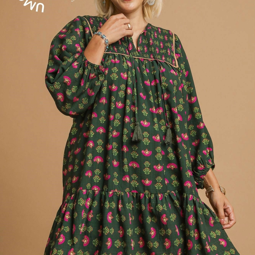 P3-0312 *Boutique* Forest Frolick Green Floral Tiered Midi Dress - Brand